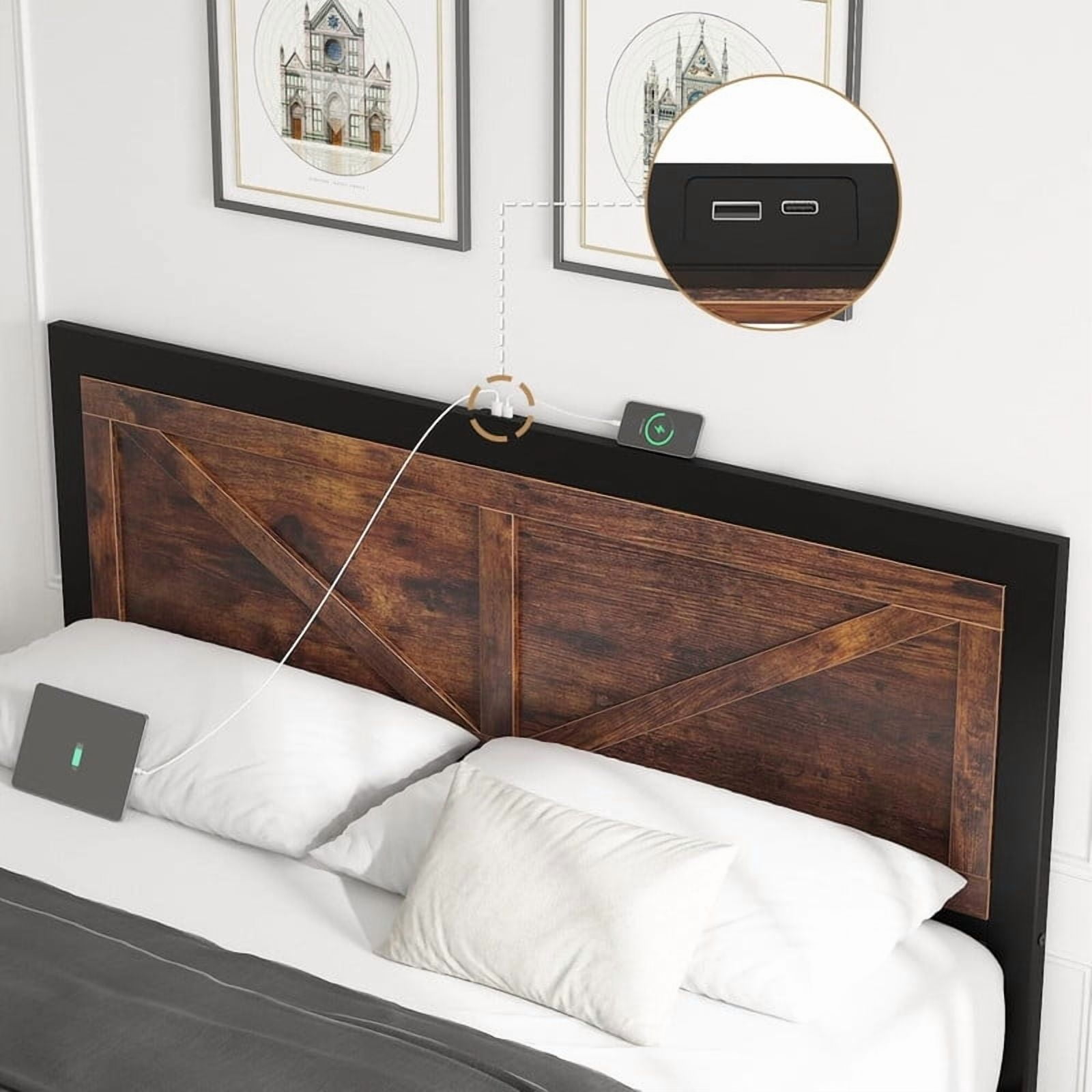 Queen Size Platform Bed Frame with LED Lights, USB Charging, and Farmhouse Barn Door Headboard, Strong Metal Slats Support, Noise Free, No Box Spring Needed, Brown