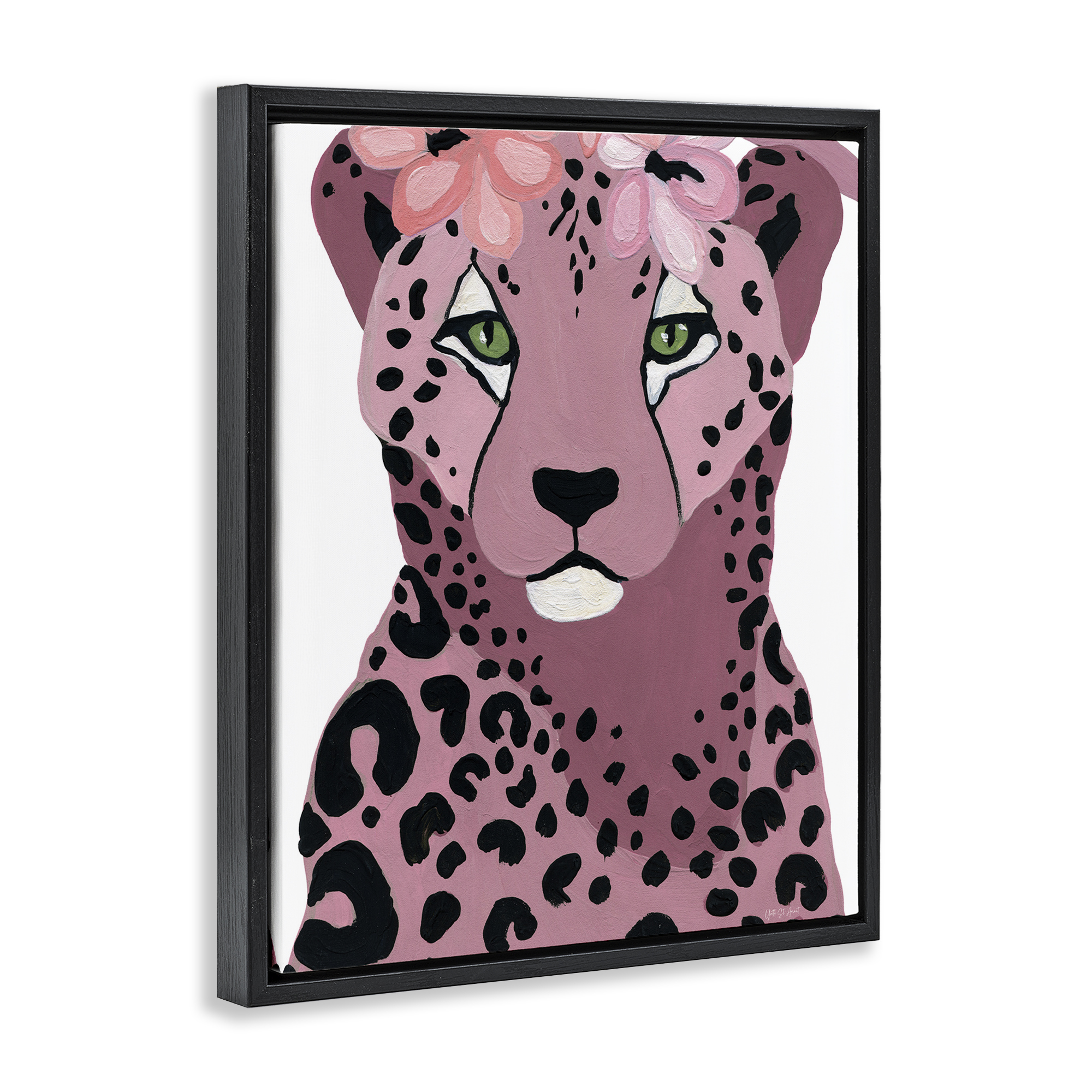 Stupell Industries Cheetah with Pink Blossoms Animals & Insects Painting Black Floater Framed Canvas Art Print Wall Art, 17 x 21