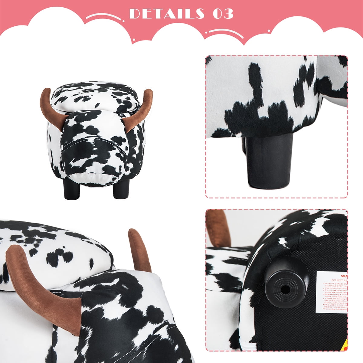 Upholstered Animal Storage Ride-on Ottoman Footrest Stool with 4 Wooden Feet Vivid Adorable Animal-Like Features Cow