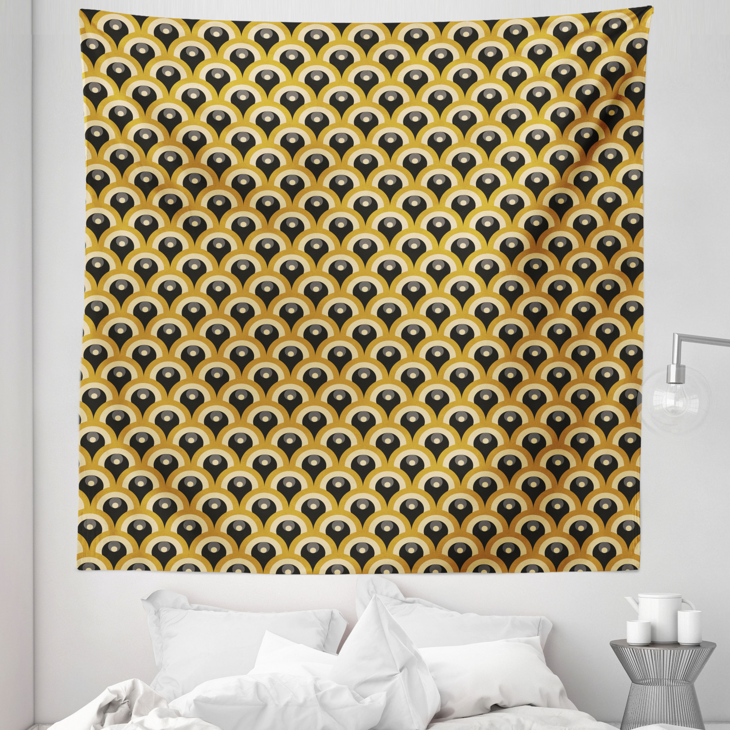 Scale Check Pattern Art Deco Tapestry, Abstract Symmetry of Retro Eye Shaped Forms Scale ...