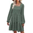 thumbnail image 4 of Vestido de manga larga, cuello cuadrado, color puro, diseño escalonado, manga abombada, vestido de túnica de verano para mujer, para fiesta, oficina, OD verde L, 4 of 6