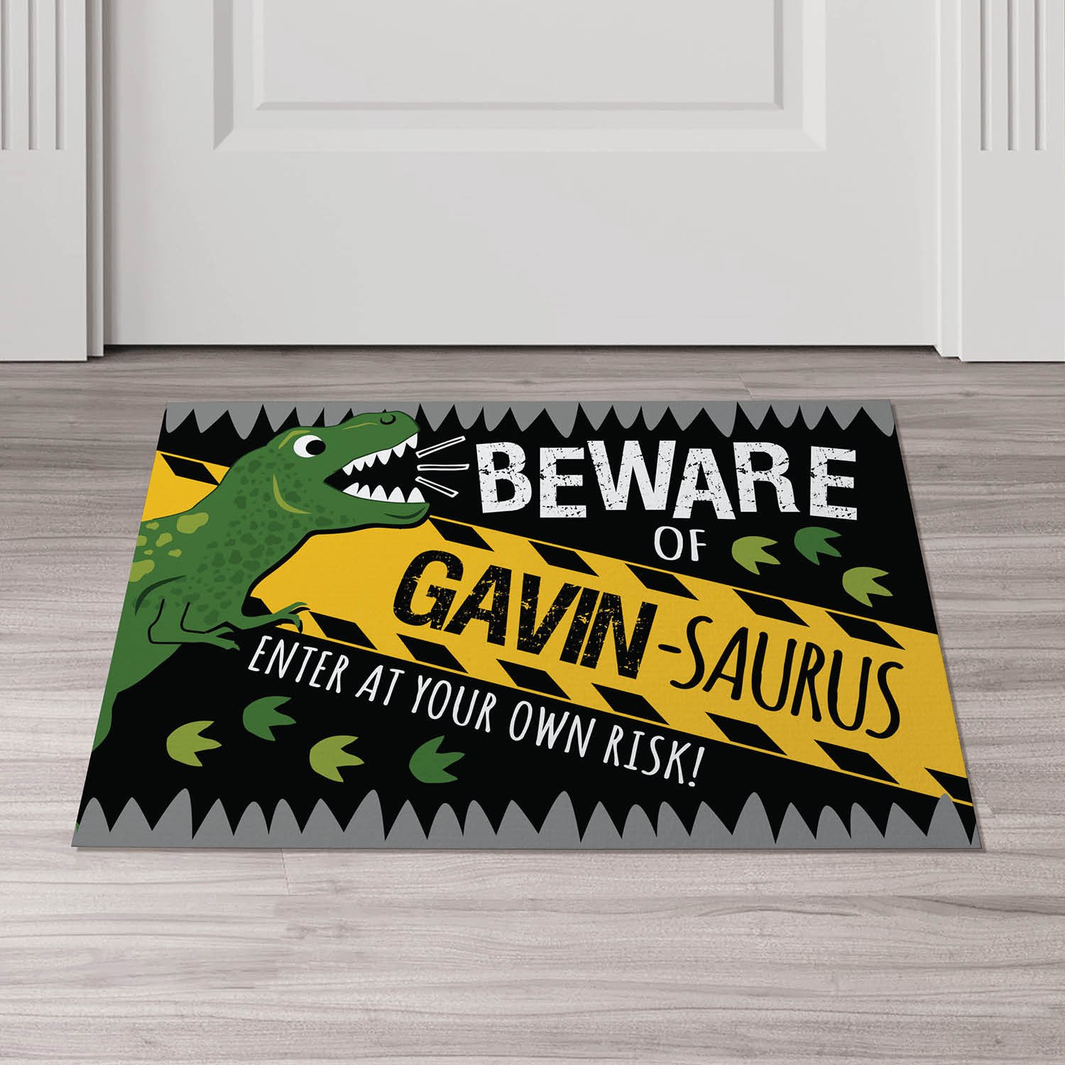 Personalized Planet 27x18 Beware Of Saurus Enter At Your Own Risk Bedroom Doormat with Custom Name Printed on Colorful Rectangular 1/4” Thick Non Slip Mat for Kids Room