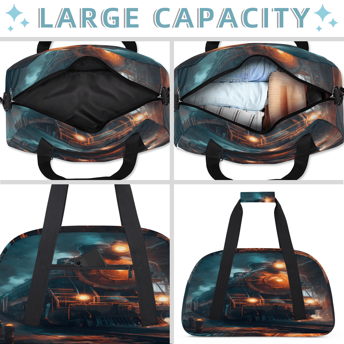 Herdesigns Steam Train Sports Duffle Bag for Women & Men, Vintage Train Gym Bag Dance Bag Overnight Bag Carry On Weekender Travel Bag