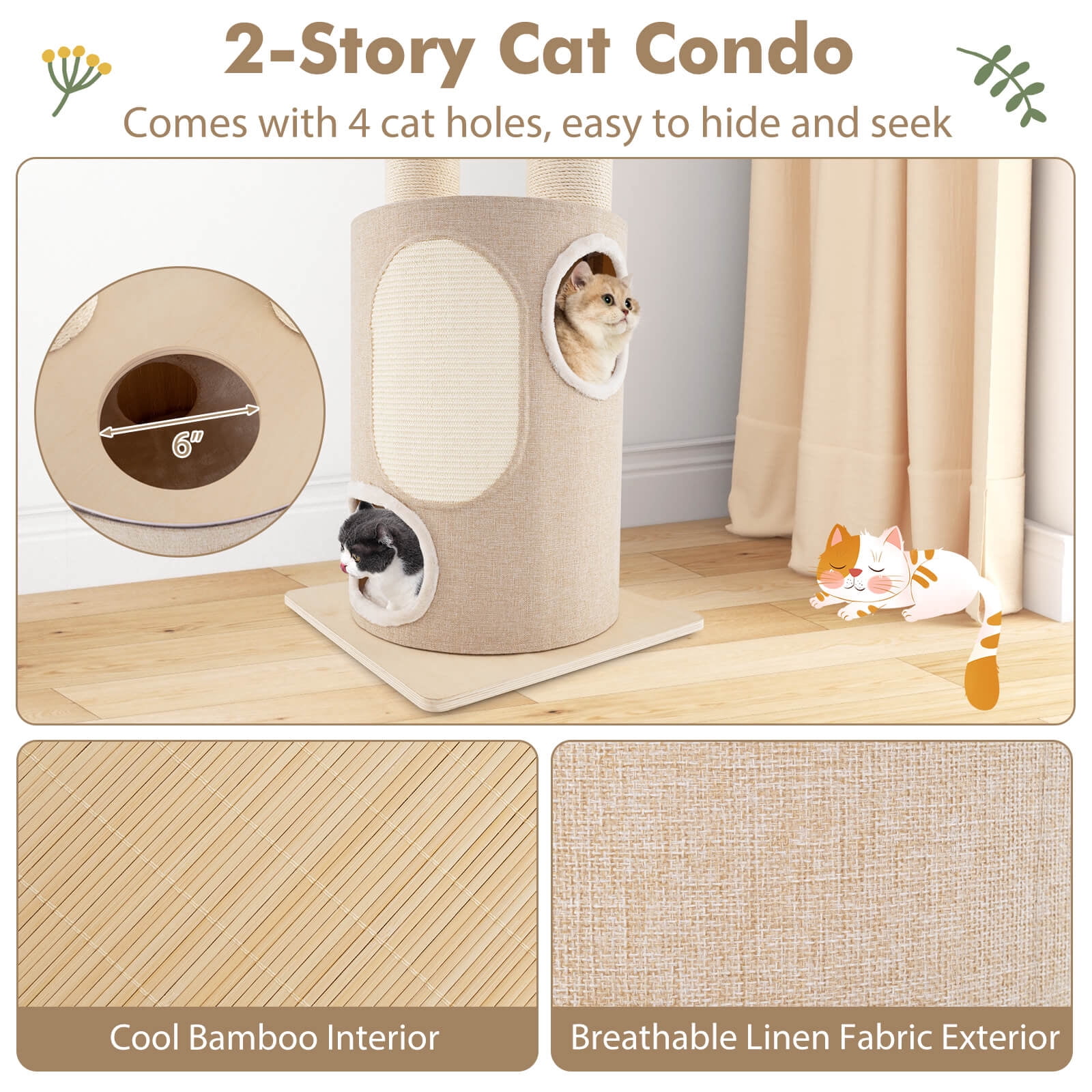 Infans 74" Tall Wooden Cat Tower Tree w/ 2-Story Cat Condo  2-Style Hammocks