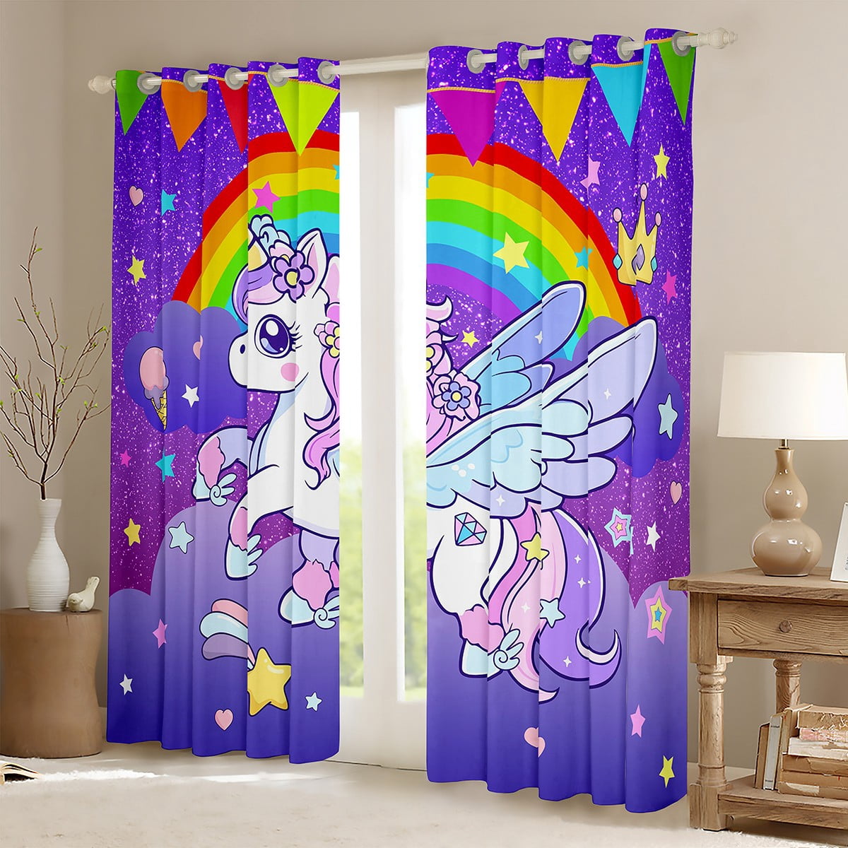 Erosebridal Cartoon Animal Unicorn Curtains Pack of 2(38x45),Rainbow Stars Print Black Out Curtains,Dreamy Purple Curtains for Living Room,Super Cozy Room Decorative