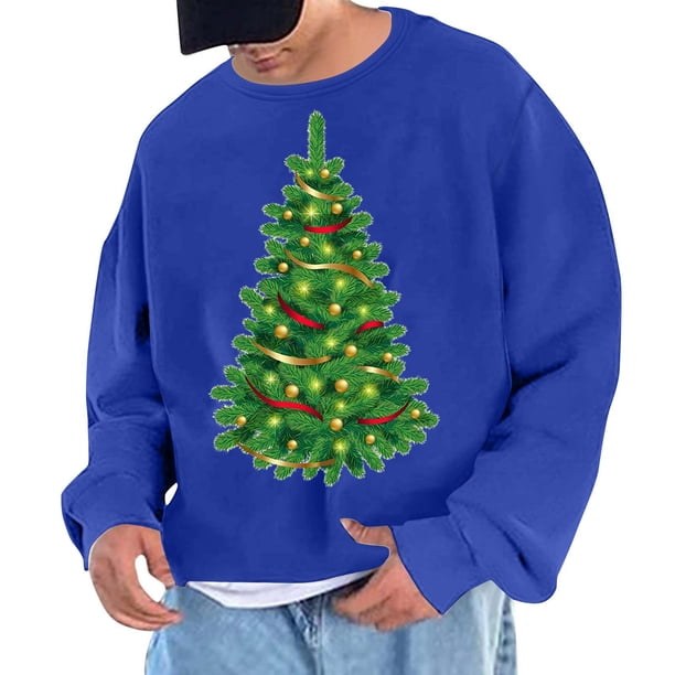 Sudadera sin capucha para hombre, cuello redondo, deportiva, con estampado de árbol de Navidad, sudadera con capucha, jersey de manga larga, blusa de poliéster para hombre