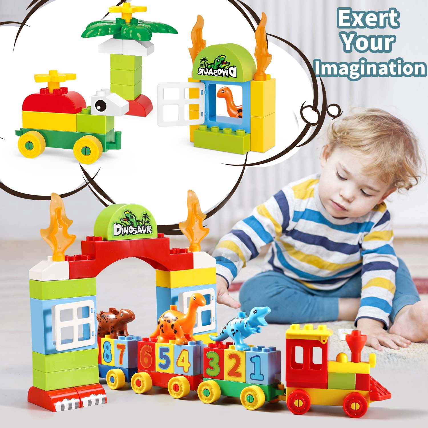 Jurassic Theme Building Blocks Dinosaur, Building Blocks ToysWith A Big T-rex,A Counting Train,and Three Dinosaurs,Compatible With All Major Brands, Gift For Kids Toddlers Boys Girls Age 3,4,5,6,7,8+