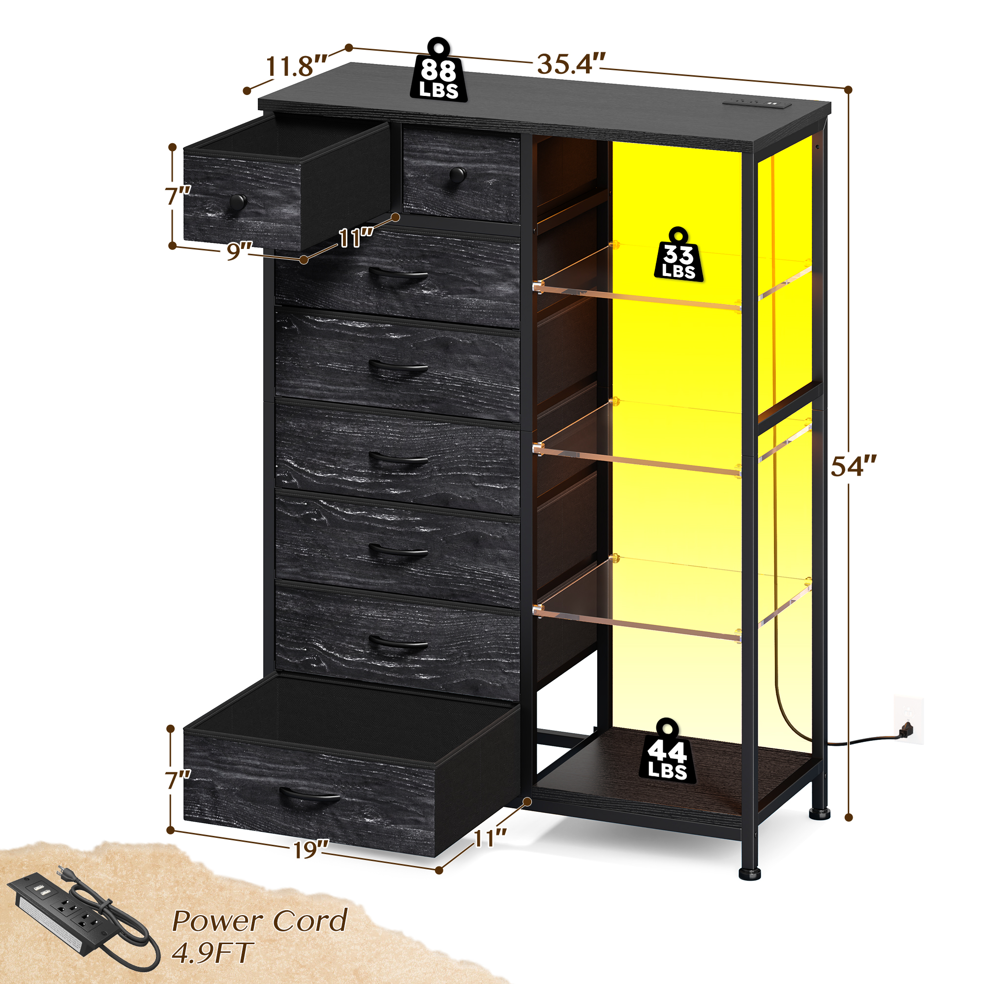 EnHomee Black Dresser for Bedroom with Acrylic Open Shelves & Charging Station Tall Dresser with 8 Fabric Drawers & LED Lights