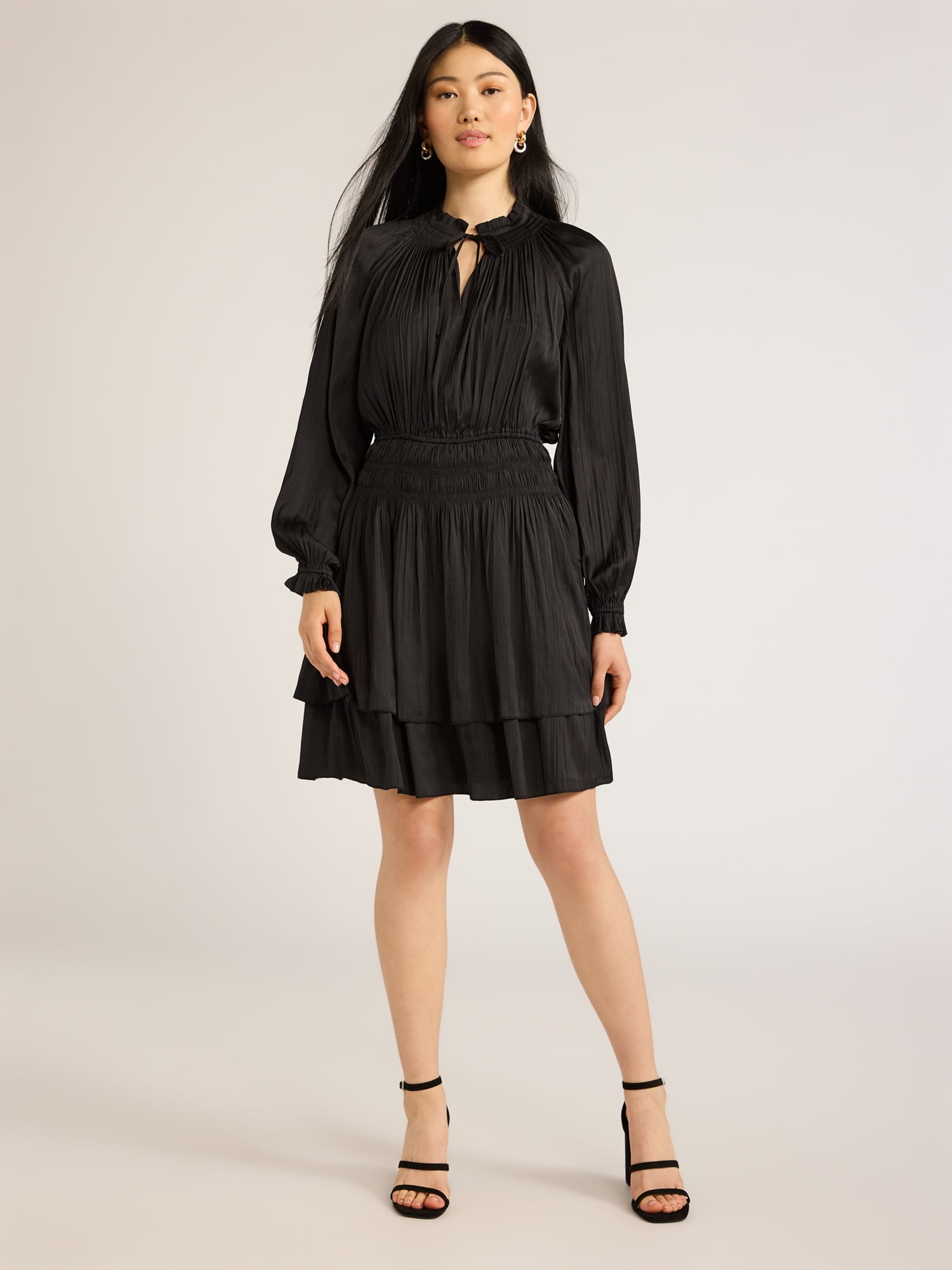 Scoop Women’s Smocked Waist Ruffle Mini Dress with Long Sleeves, Sizes XS-XXL