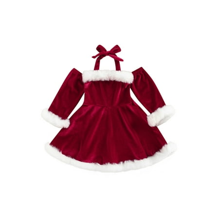 

Toddler Girls Christmas Velvet Dress Long Sleeve Lacing Halterneck Backless Patchwork Party Holiday Dress