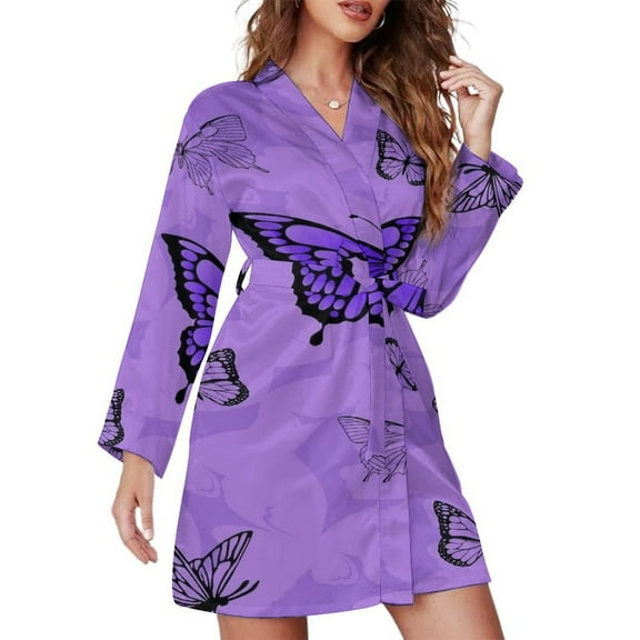 Purple Butterfly Night Robe Long Sleeve V Neck Robe With Belt Women's Sleepwear Dresses