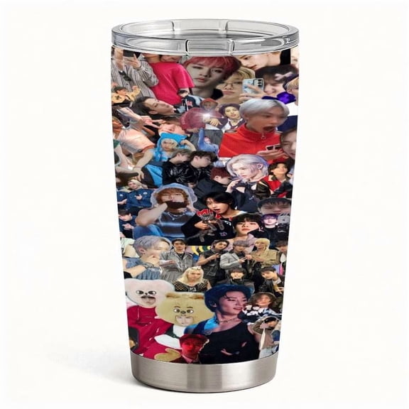Colorful Aesthetic Photo Collage Water Cup with Lid, Stainless Steel Insulated Trendy Style Tumbler