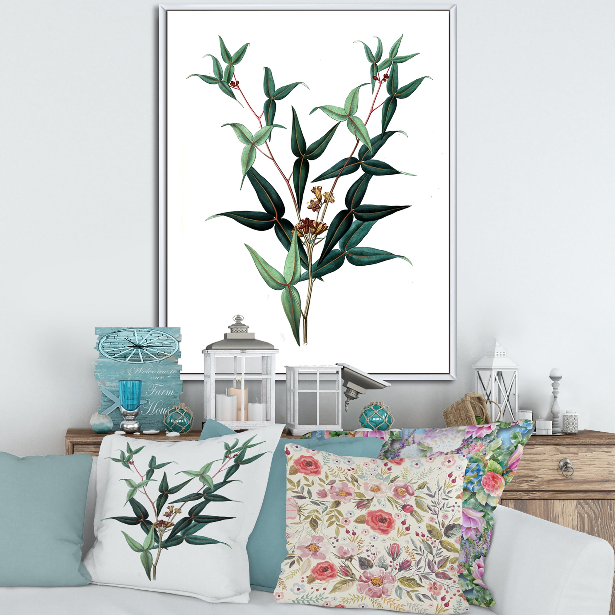 Designart 'Ancient Green Leaves Plants VIII' Traditional Framed Canvas Wall Art Print