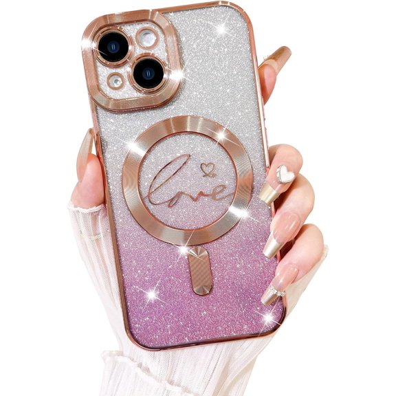 Designed for iPhone 15 Plus Case,Compatible with MagSafe Love Heart Plating Camera Protection Clear Phone Case, Magnetic Glitter for Women Girls Shockproof Back Bumper 6.7"-Pink