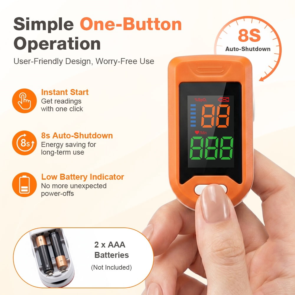 LaseLocks Fingertip Pulse Oximeter, Blood Oxygen Saturation Monitor with Large Digital Display, Dry Battery Operated (Batteries Not Included)-Orange
