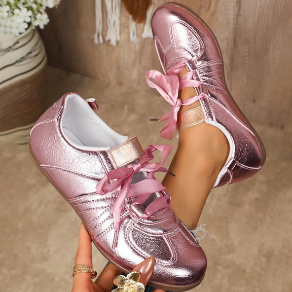pwidon Women's Lace Up Ballet Flats Satin Bow Strap Retro Walking Casual Fashion Sneaker Flat Dress Shoes Pink 5.5