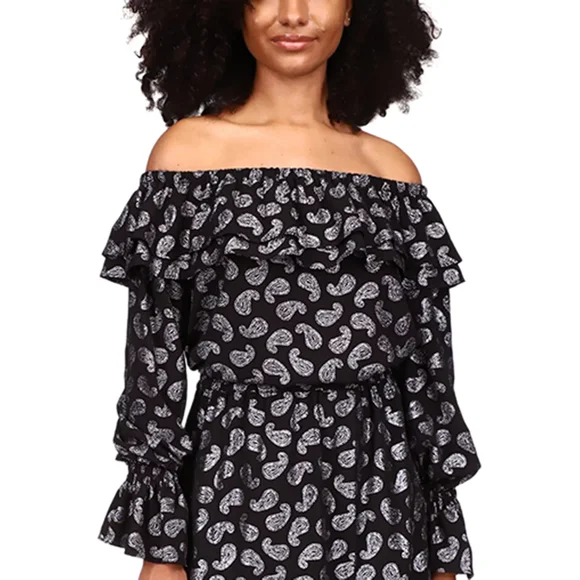 Michael Michael Kors Womens Paisley Print Off-the-Shoulder Top, Black, XXS