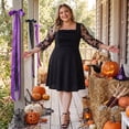 thumbnail image 2 of Agnes Orinda Women's Plus Size Halloween Outfits Square Neck 3/4 Mesh Sleeves Pleated Flowy A-Line Midi Dress 1X Black, 2 of 8