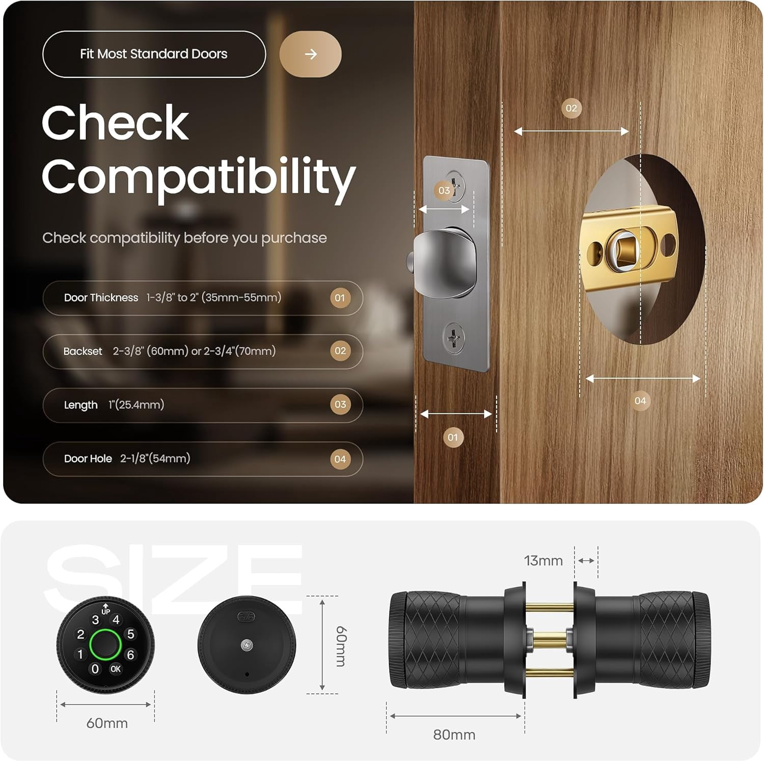 Keyless Entry Fingerprint Door Knob, Smart Biometric Door Lock with Keypad Passcode Door Knob with Auto-Lock for Front Door, Bedroom, Gate & Office