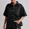 thumbnail image 2 of Women's Vintage Denim Shirt, Short Sleeve Button Down Shirt with Chest Pockets, Relaxed Fit Casual Jean Top, Summer Denim Shacket and Oversized Jean Shirt-Black, 2 of 7