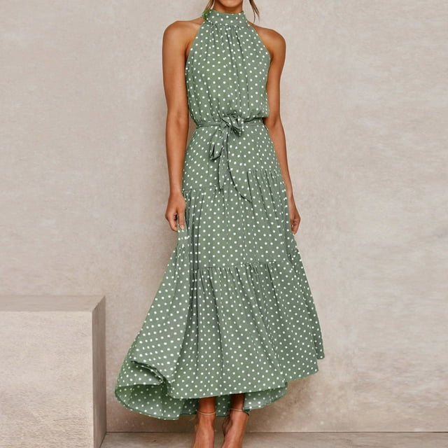 SMihono Robe Maxi Bohème d'Été pour Femmes Grande Taille Mode Été à Pois Sans Manches Imprimé Sexy Soirée Longue Robe de Plage