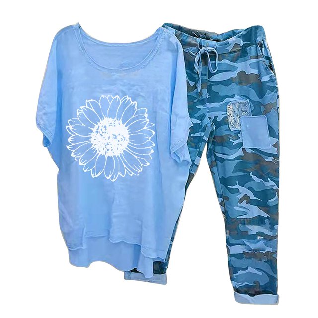 Ensembles Femmes Imprimé Col Rond Demi-Manche Pull Chemise Hauts + Pantalons Ensemble Deux Pièces pour Femmes Sortie en Liquidation