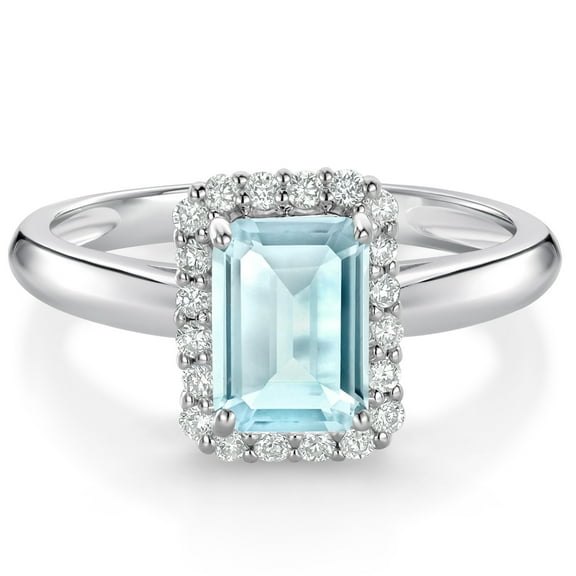 Gem Stone King 1.31 Ct Emerald Cut Sky Blue Topaz G/H Lab Grown Diamond 10K White Gold Halo Engagement Ring (Size 8)