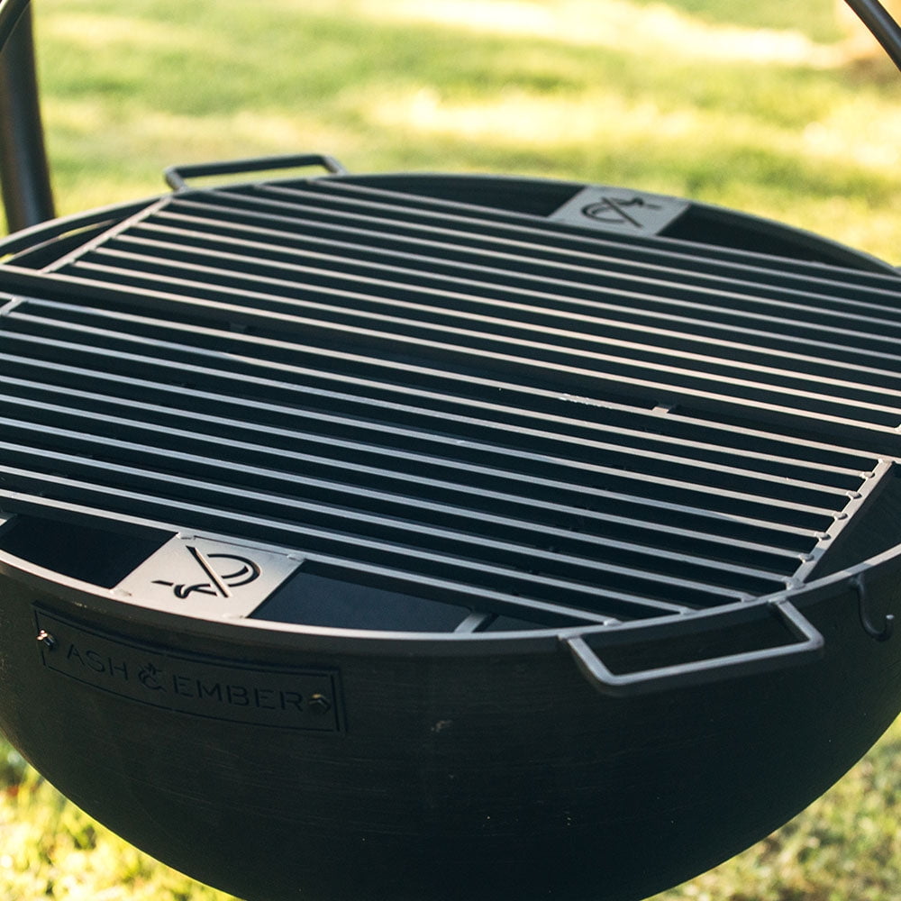 Ash & Ember 42" Cast Iron Cauldron Fire Pit Bowl with Double Hinged Grill Grate-Easy-Lift Handles & Handing Chain, Round Wood Burning Patio Fire Bowl for Backyard Patios