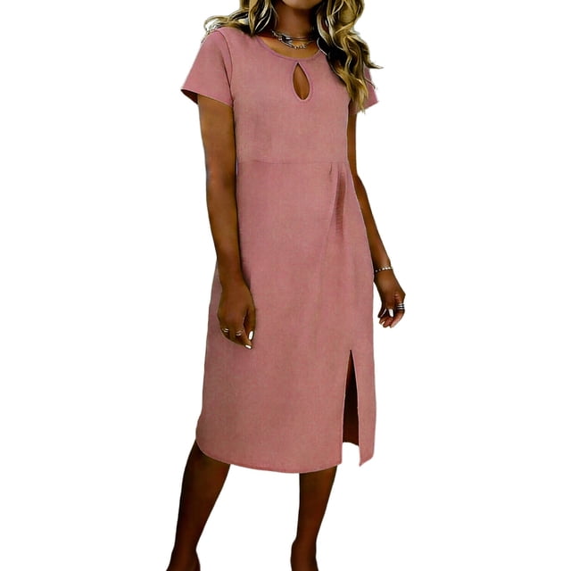Largo Vestido Casual Mujer Mezcla de Lino Cuello Redondo Suelto Ajuste Multicolor Maxi de Verano para la Playa