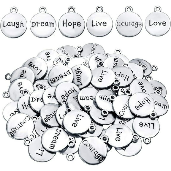 60pcs Antique Silver，Inspirational Words Pendants Round Double-sided Lettering Charms Jewelry Findings for Crafting Necklace Bracelet