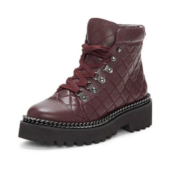 Vince Camuto Women's Maissa Leather Ankle Boots - Quilted Combat Boots With Chain Detail, 1.5 Inch Heel