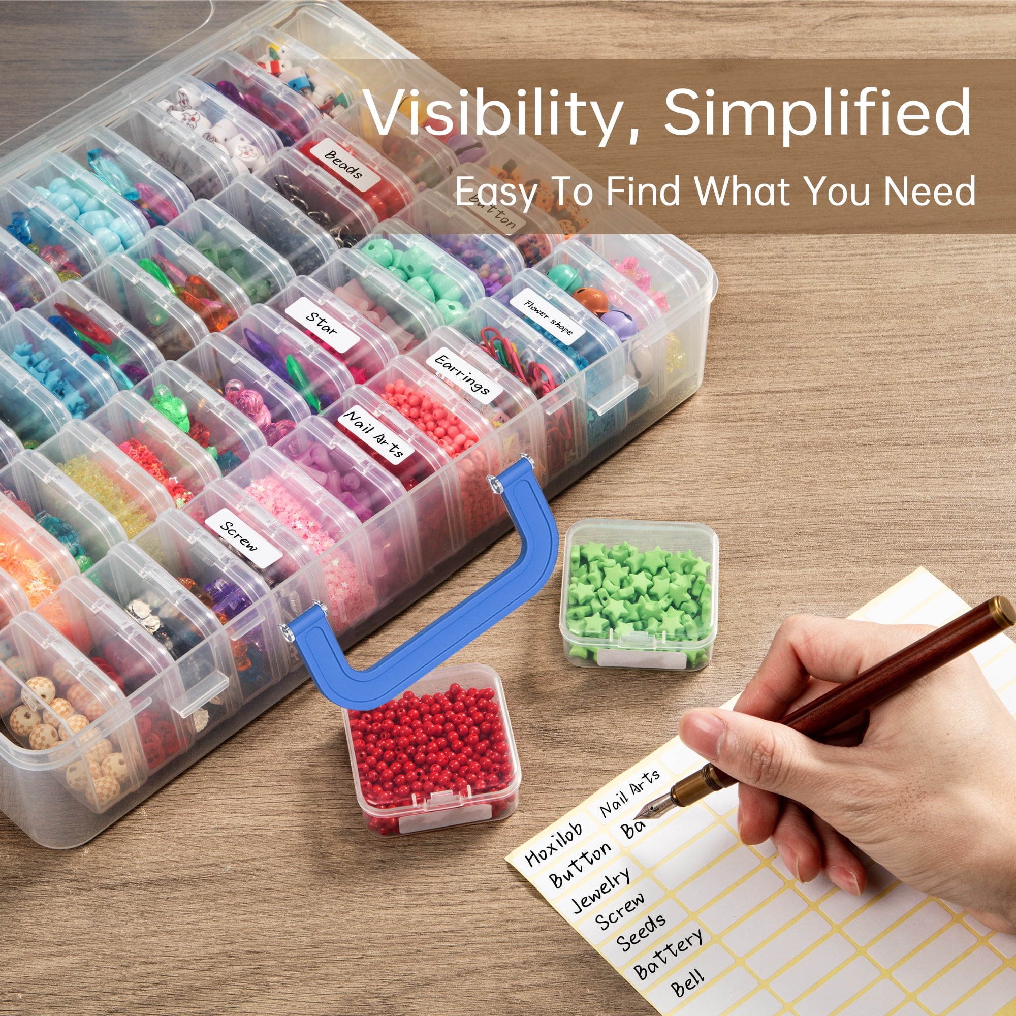 Bead Organizer Box with Handle, 60Pcs Small Bead Storage Boxes with Hinged Lid and Portable Craft Case, Mini Clear Plastic Container for Jewelry Making Supplies Bracelet Screws Seeds Nails Small Part