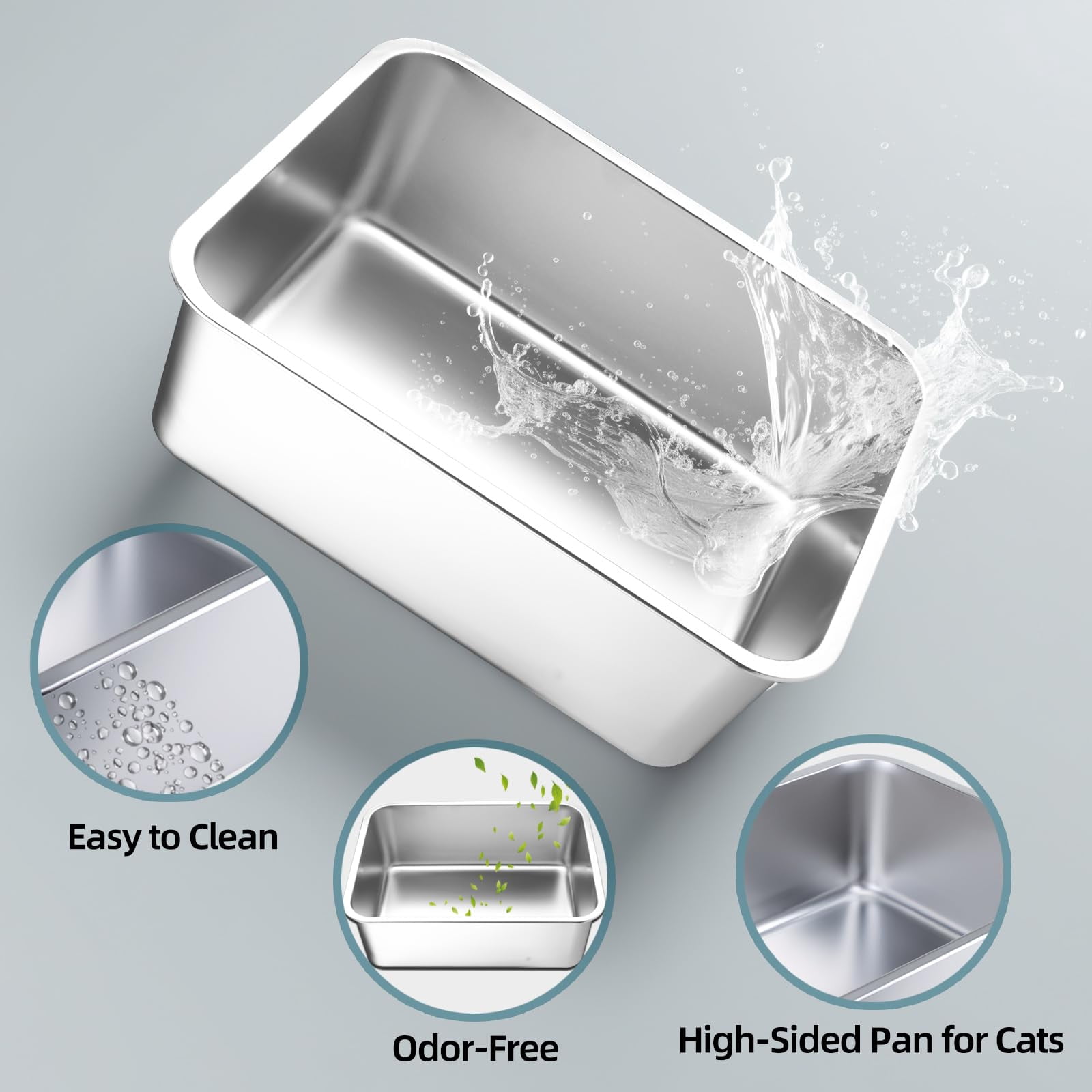 Stainless Steel Cat Litter Box - Large Metal High-sided Pan For Cats  Pets Non-stick Odor-free Easy To Clean Splash-proof Durable (17.7" L X 13.8" W 6" H)