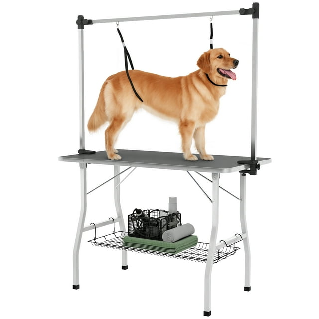PawHut Dog Grooming Table, Pet Grooming Table with Adjustable Arms, Black