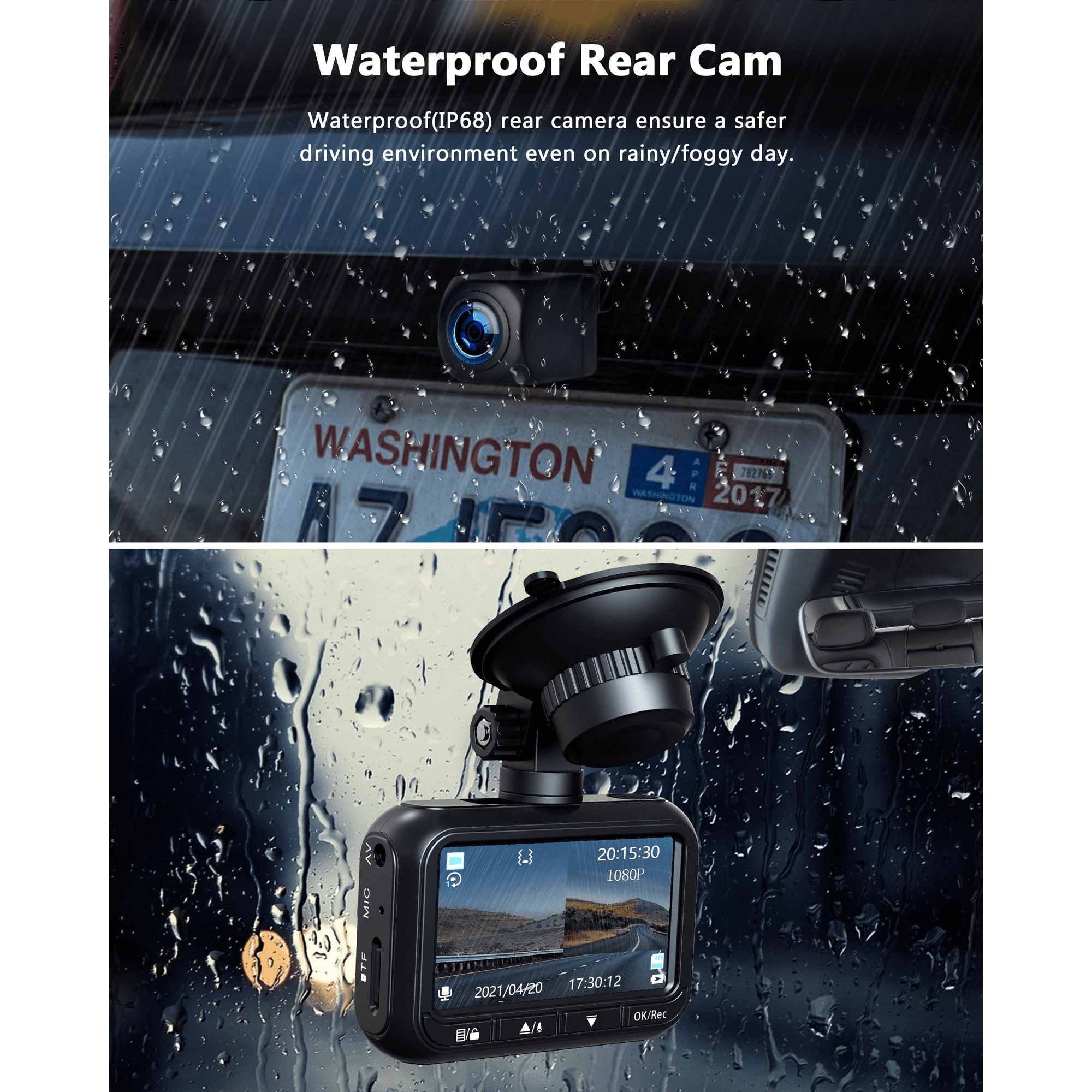 TOGUARD Dash Cam Front/Rear, 1080P Night Vision, 2.45-inch Display