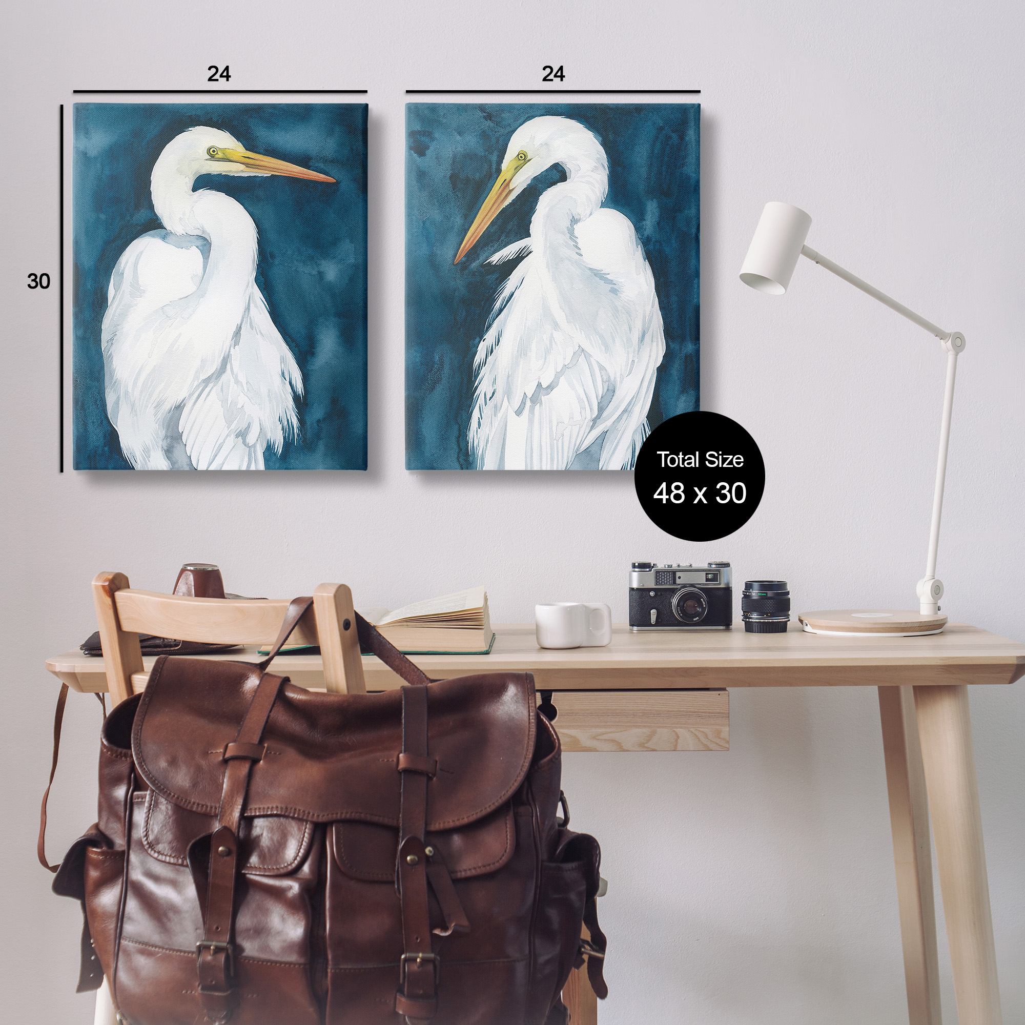 Stupell Industries Elegant Egrets on Blue Animals & Insects Painting Gallery Wrapped Canvas Art Print Wall Art, 24 x 30, Set of 2