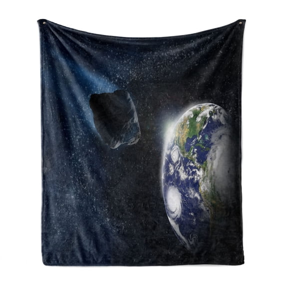 Galaxy Soft Flannel Fleece Blanket, Attack of the Asteroid Rocky Dark Body Comet on Planet Earth Meteor Shower Print, Cozy Plush for Indoor and Outdoor Use, 50" x 70", Dark Blue Grey, by Ambesonne