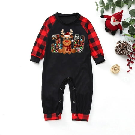 

NEGJ Parent Child Warm Christmas Set Plaid Printed Home Wear Pajamas Baby Jumpsuit Romper