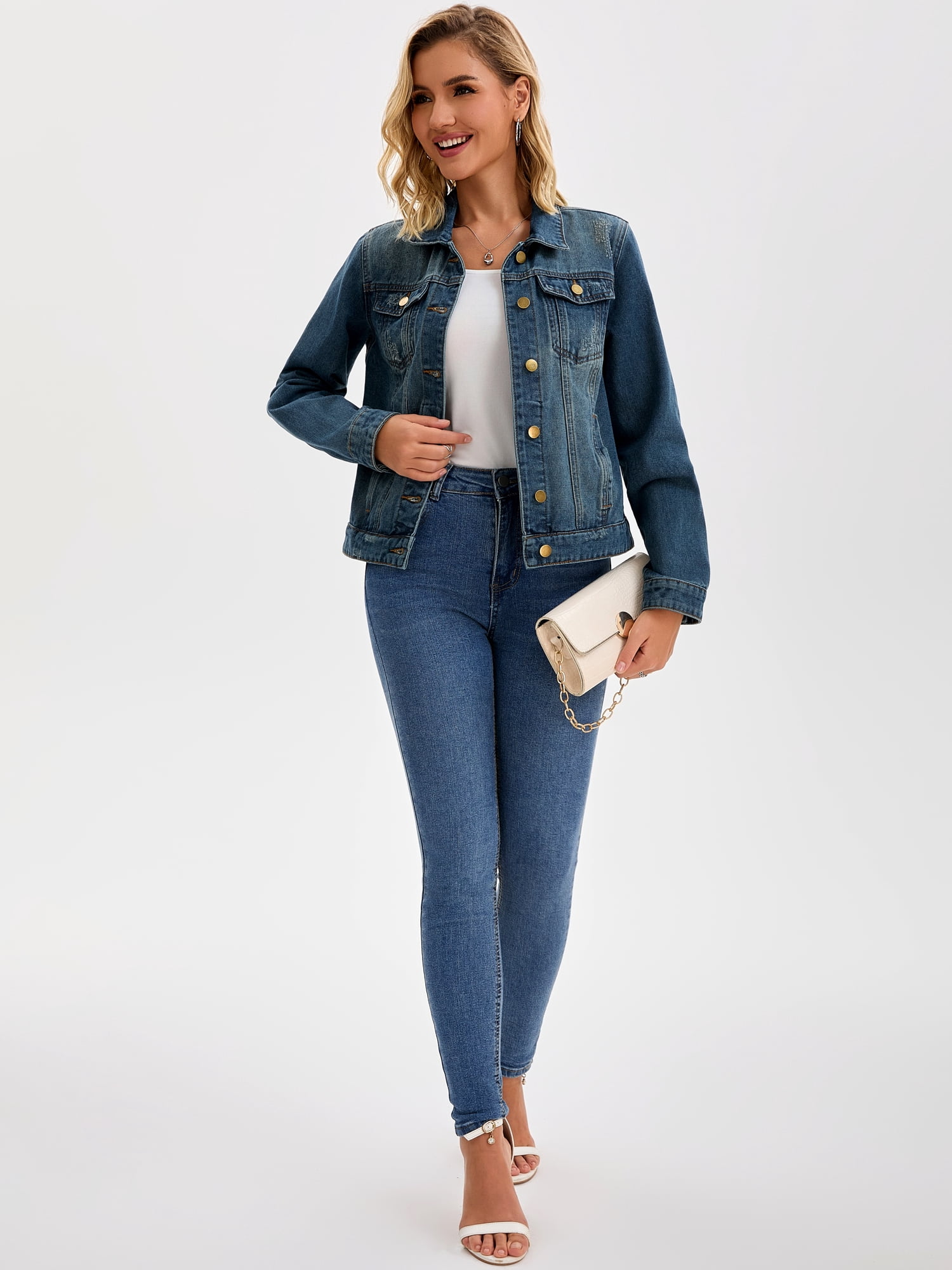 DARING DIVA Women's Classic Washed Long Sleeve Denim Jackets With Pockets M Blue