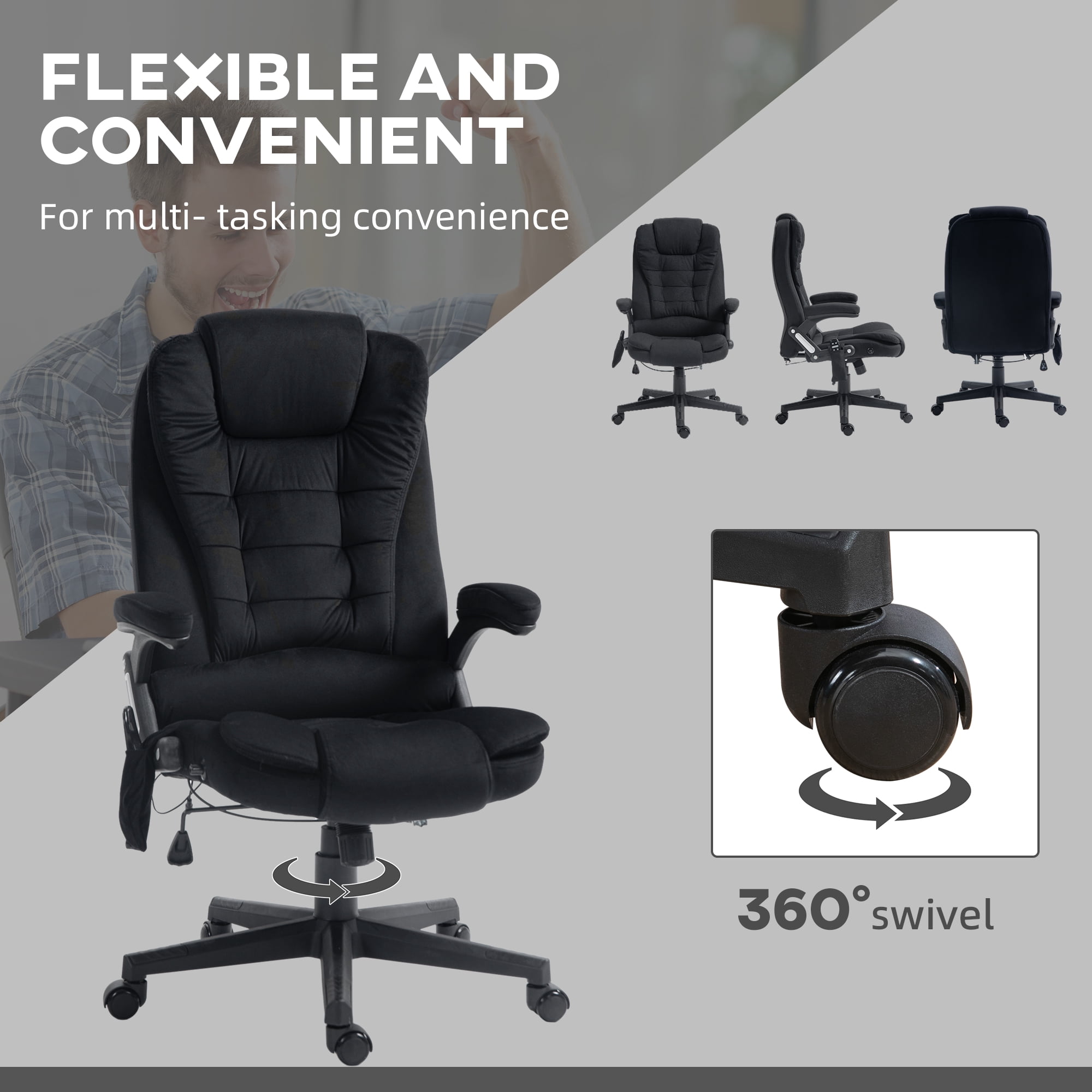 Vinsetto 6 Point Vibrating Massage Office Chair with Heat, Linen High Back Executive Office Chair with Reclining Backrest, Armrests, Black