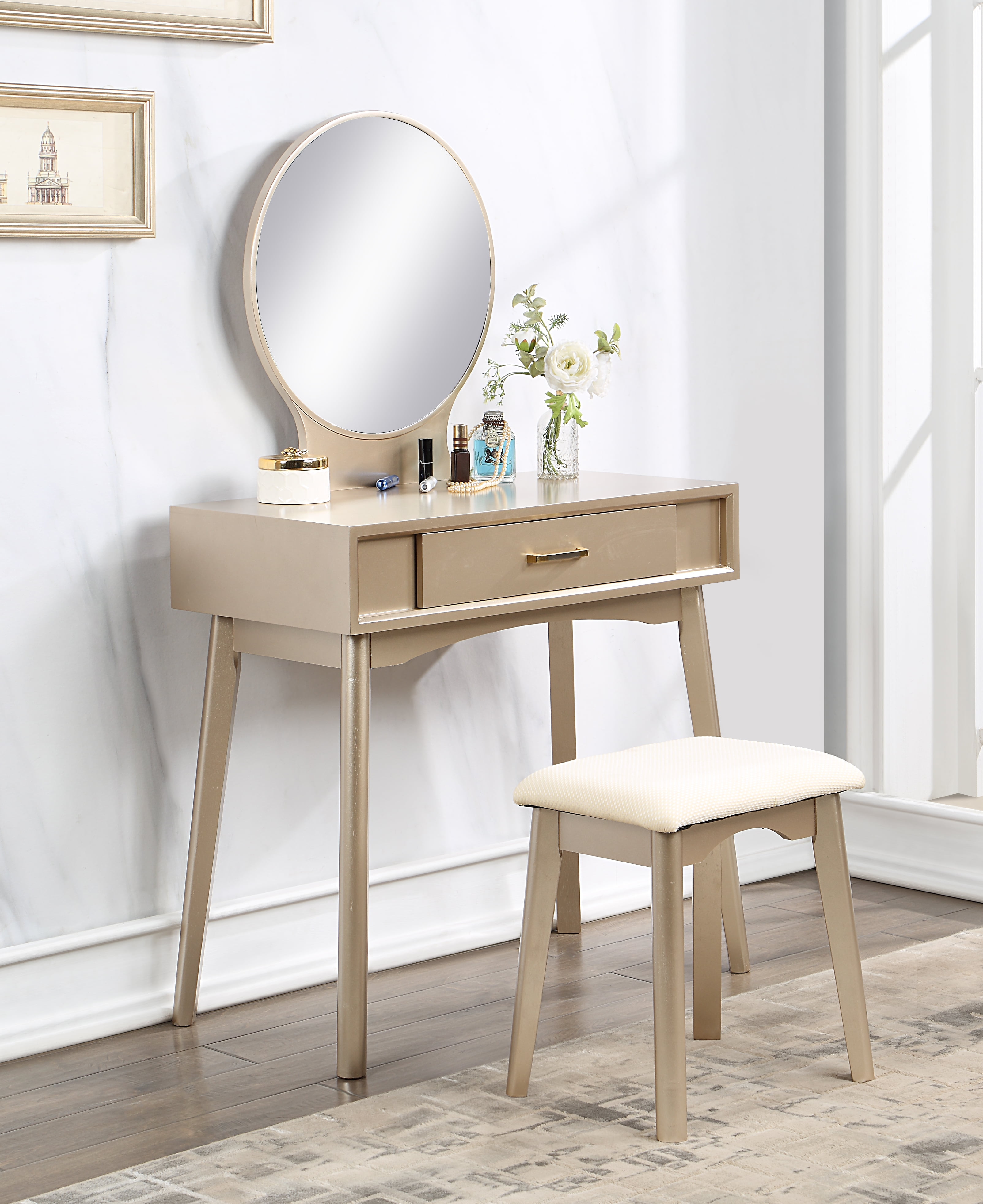 Mintazer Modern Vanity Table Set, Round Mirror Makeup Dressing Table with Drawers & Upholstered Stool for Bedroom, Gold