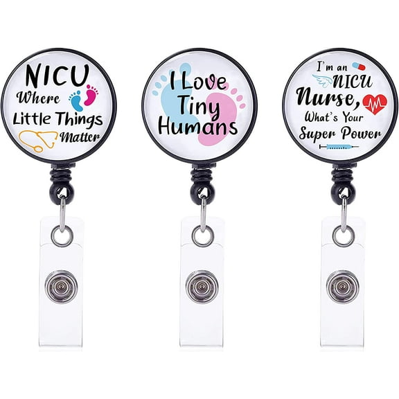 3Pcs Retractable Badge Reel Clip ID Badge Holder 360° Swivel Badge Reels with Alligator Clip on ID Card Holders for NICU Department Doctor Nurse Hospital Staff - 3 Style NICU Design Colorful