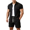thumbnail image 3 of Dianli Men's Solid Color Casual Loose Sports Elastic Waist Shorts and Double Pocket Lapel Half Button Top Set, Relaxed Fit Beachwear, Button Front Two Piece Summer Fashion Suit Pink M, 3 of 7