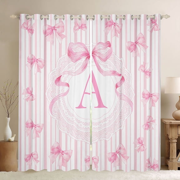 Manfei Pink Bow Striped Black Out Curtains For Girls,A Letter Initial Curtains Pack of 2 (42x63 Each) For Kids