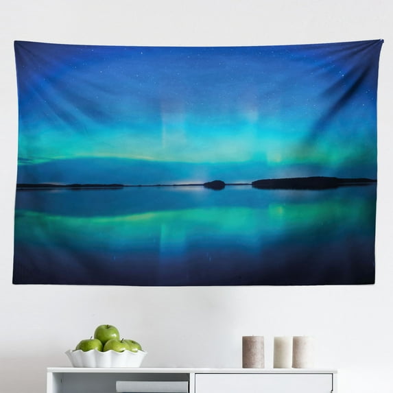 Aurora Borealis Tapestry, Wooden Roof House Winter ICY Arctic View Cold Climates Air Image, Fabric Wall Hanging Decor for Bedroom Living Room Dorm, 2 Sizes, Dark Blue Jade Green, by Ambesonne