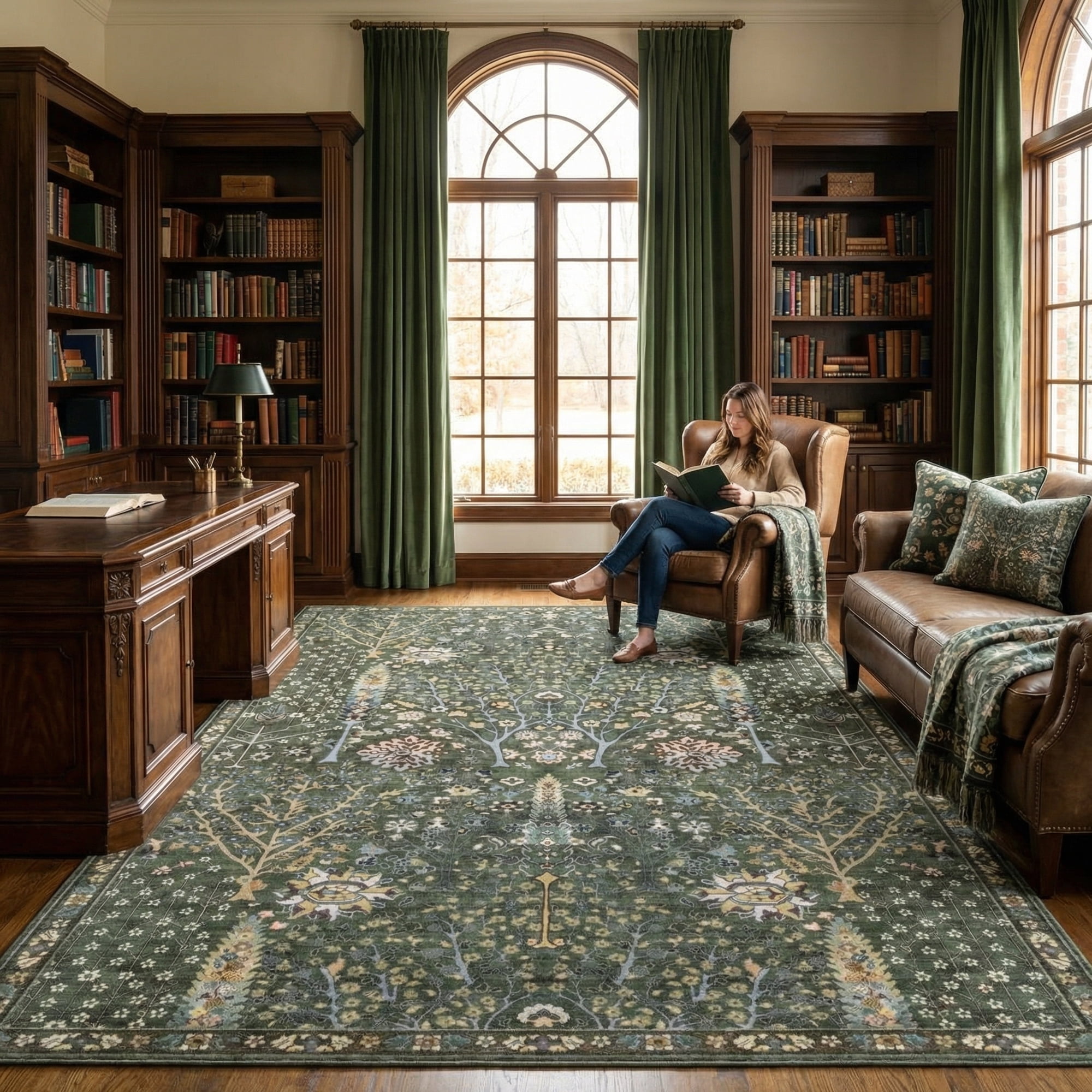 Washable Oriental Rug, 8x10 Sage Green Boho Botanical Floral Vintage Carpet, Soft Large Indoor Rug for Living Room, Bedroom, Office, Playroom
