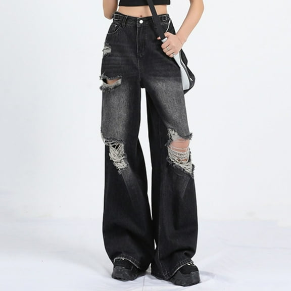 Women Jeans Ripped Straight Leg Bootcut Baggy Loose Wide Leg Bootcut Y2K Lightweight Comfortable Casual Jeans Black L