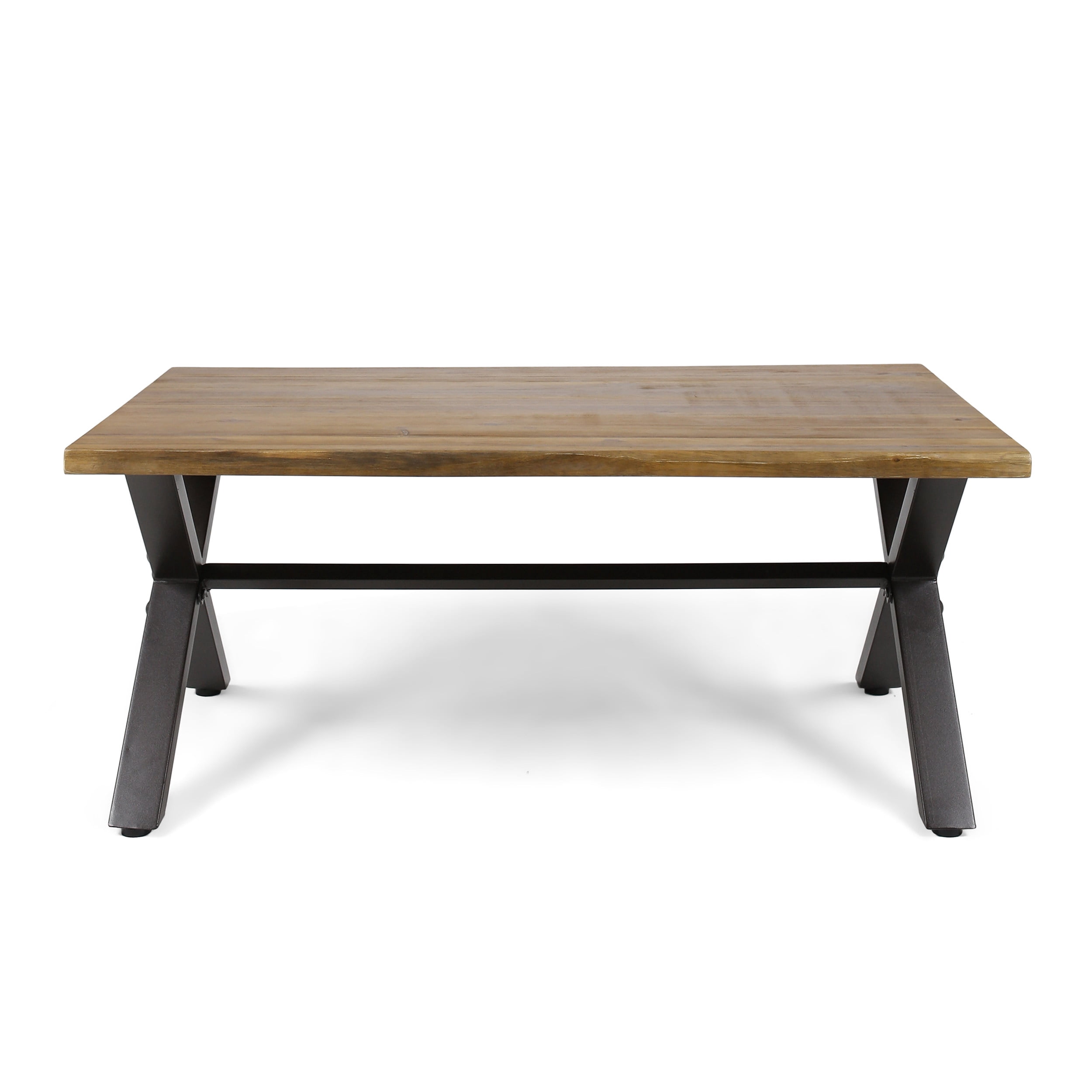 Outdoor Coffee Table, Acacia Wood Top with Rustic Metal Support for Patio Garden, Teak and Rustic Metal