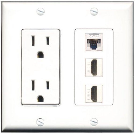 RiteAV - 15 Amp Power Outlet 2 Port HDMI 1 Port Cat5e Ethernet White Decorative Wall Plate