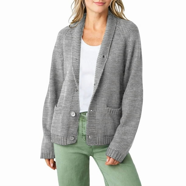 Cárdigan de Punto Vintage con Estampado de Rayas y Estrellas de la Bandera de US para Mujer, con Frente Abierto Gris XL